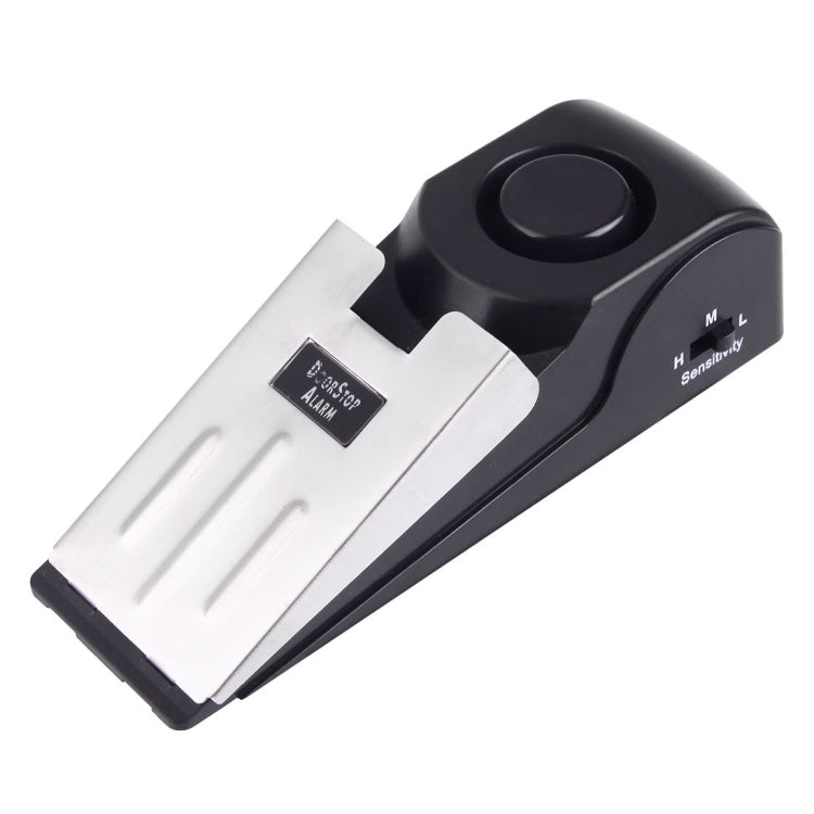 Wedge door stop alarm with white stainless pressing plate and black sensitivity switch