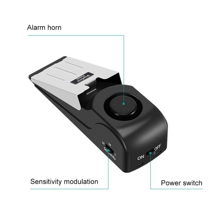 Black wedge door stop alarm with power switch and circular sensitivity dial