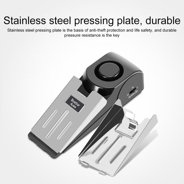 Wedge door stop alarm with stainless steel pressing plate and top sensitivity button