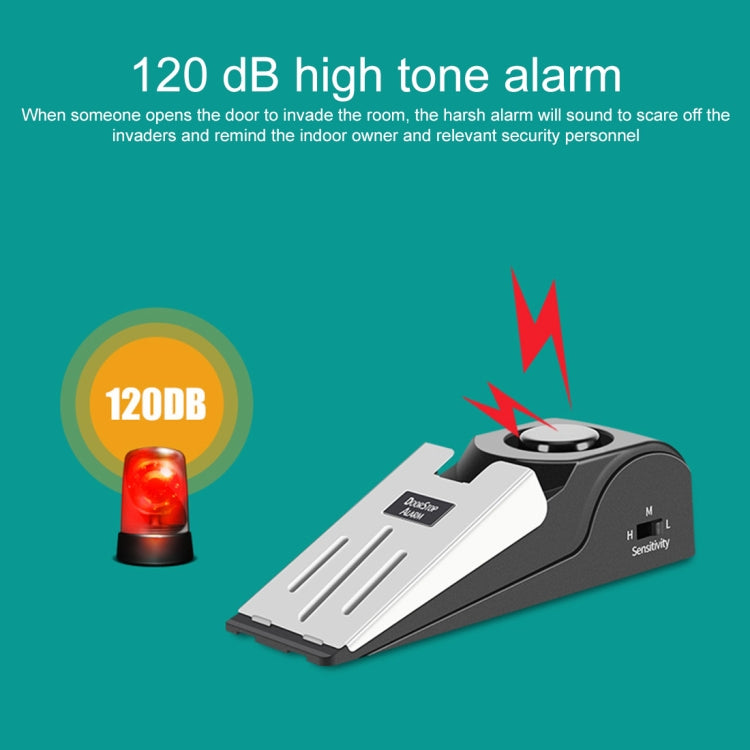 High-tone alarm wedge door stop with red alarm indicator on the device