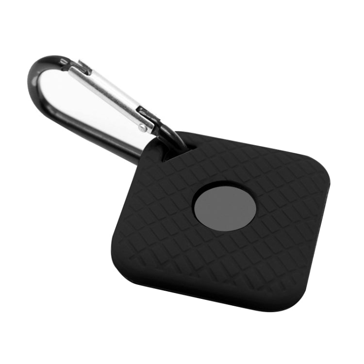 Black silicone smart tracker case with textured pattern, gray circular opening, metal clip loop