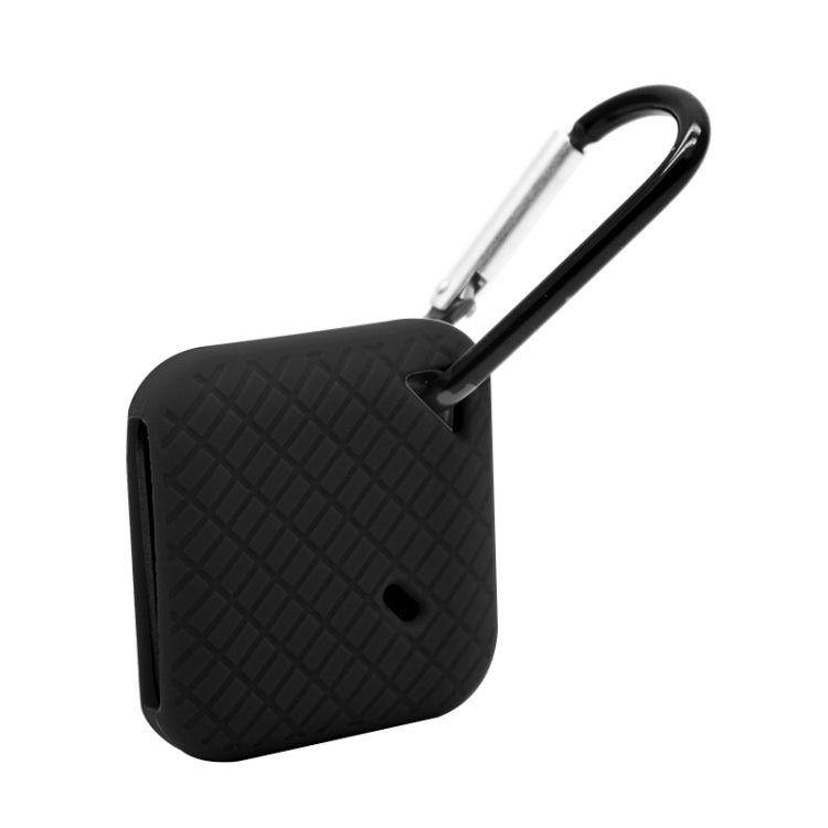 Black silicone smart tracker case with textured pattern and metal carabiner clip, side cutout
