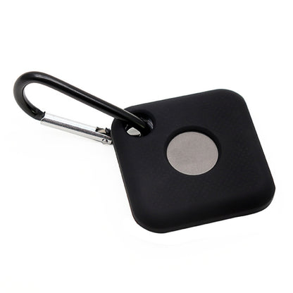 Black silicone tracker case with metal keyring clip and circular opening