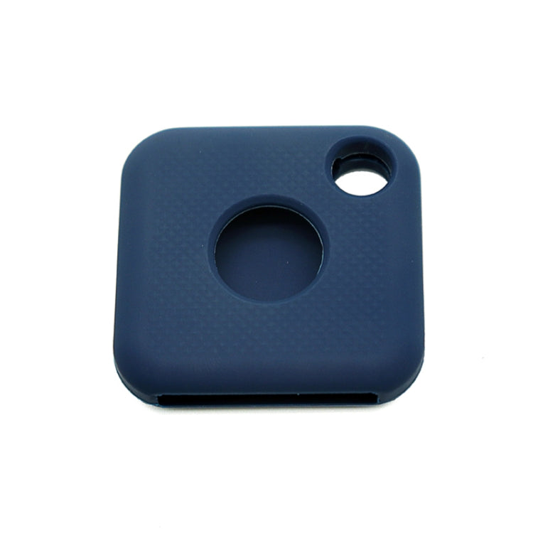 Blue silicone tracker case with circular opening and raised top lanyard loop