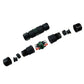 3-pin waterproof cable connector set with black housings, green gasket, and end caps