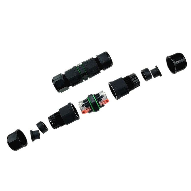 3-pin waterproof cable connector set with black housings, green gasket, and end caps