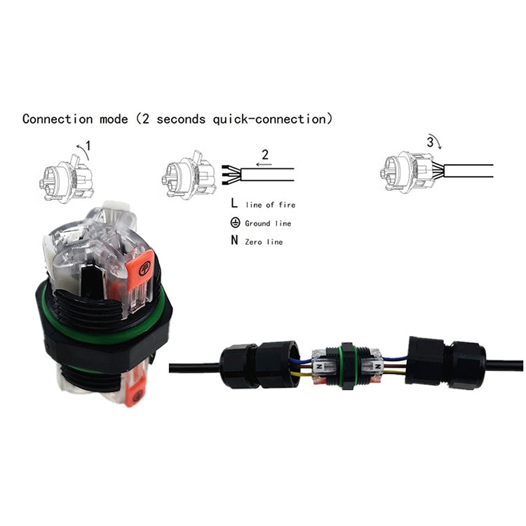3-pin straight cable connector with quick-connection halves and visible internal contacts