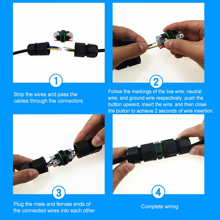 3-pin waterproof connector with terminals and stripped wires during installation