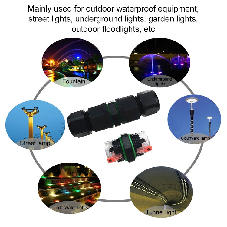 3-pin waterproof straight cable connector with black housing and green sealing ring