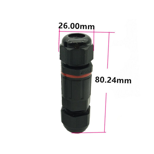 Straight 3-pin waterproof cable connector with black ribbed body and orange seal