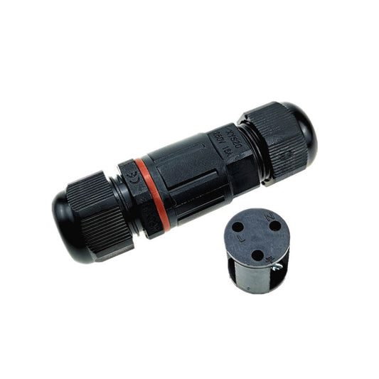 3-pin waterproof straight cable connector with black housing and orange sealing band