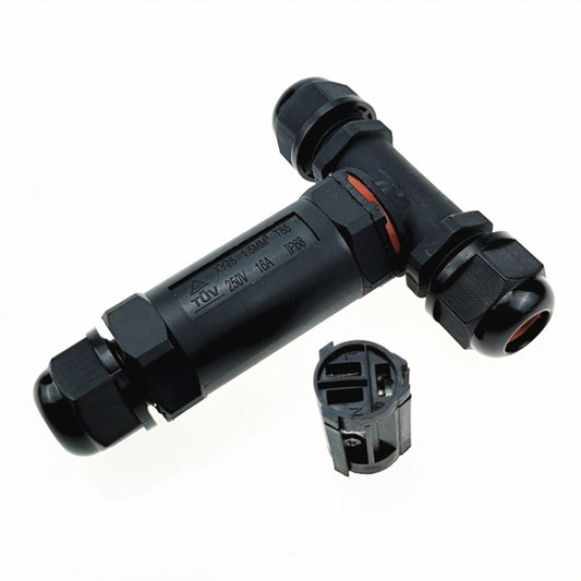 3-pin T-type waterproof cable connector, black housing with cable gland