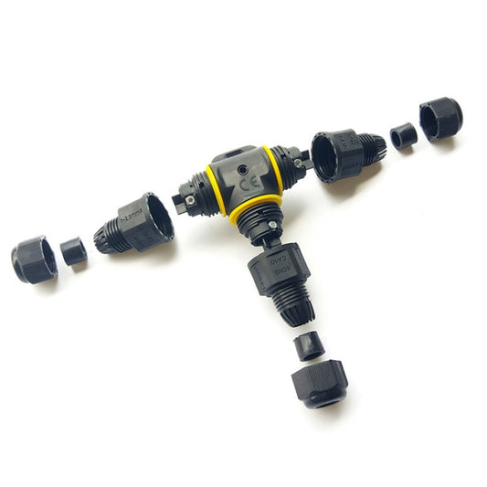 3-pin T-type cable connector with three ports and protective caps, gray/black housing