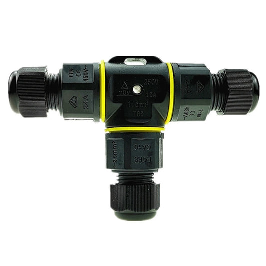 IP68 3-pin T-type waterproof cable connector with gray and black housings, yellow seal