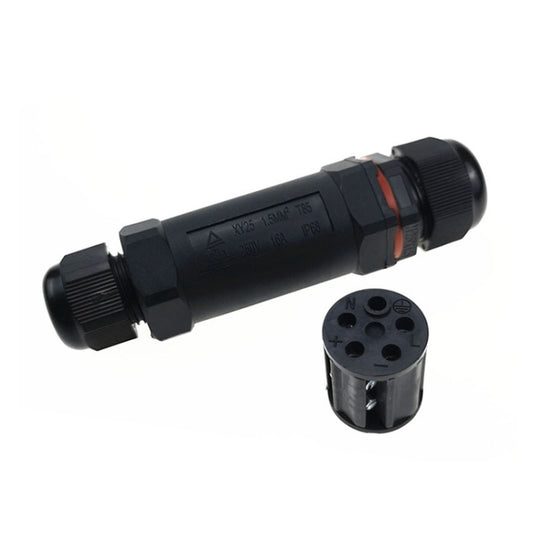 Straight 5-pin waterproof cable connector, black housing with ribbed cable grips