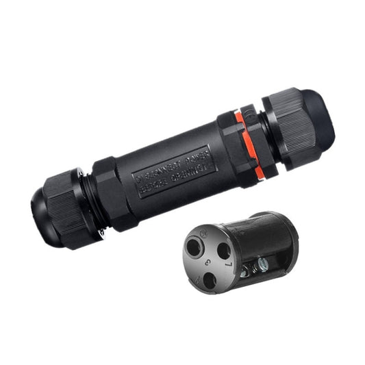 Black 3-pin straight cable connector with waterproof O-ring seal and ribbed grips