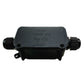 Waterproof two-way junction box, front view, dark gray, side cable glands, IP66