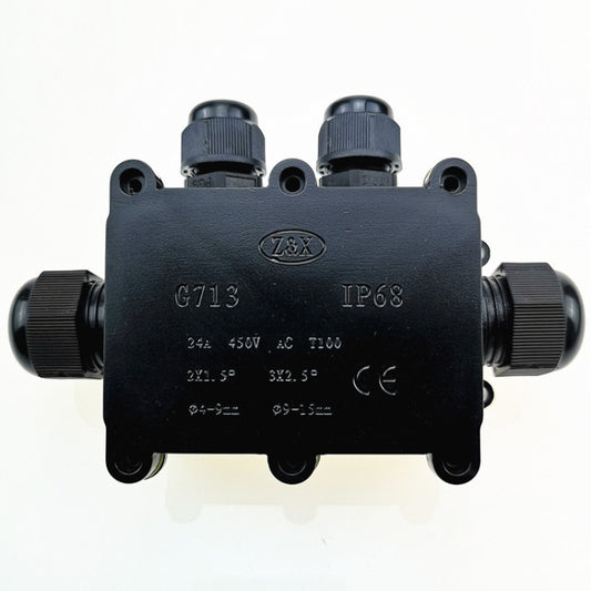IP68 four-way junction box with two cable glands, black housing