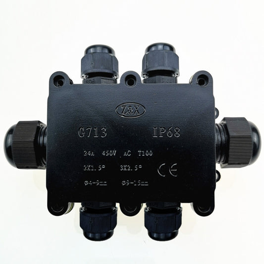 IP68 waterproof six-way junction box with cable glands, dark black enclosure, G713-6P