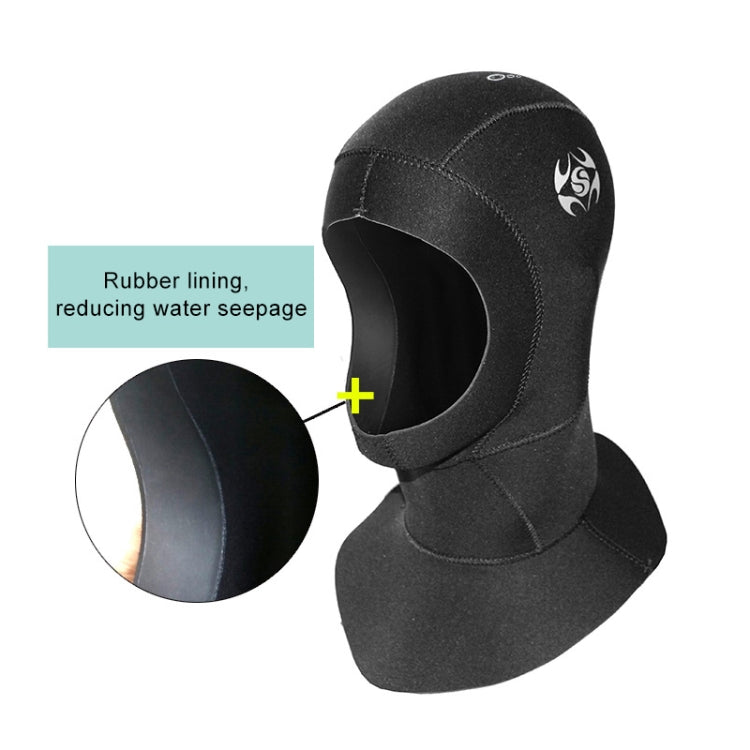 Black neoprene diving hood with open ear cutout and rubber-lined panel detail inset
