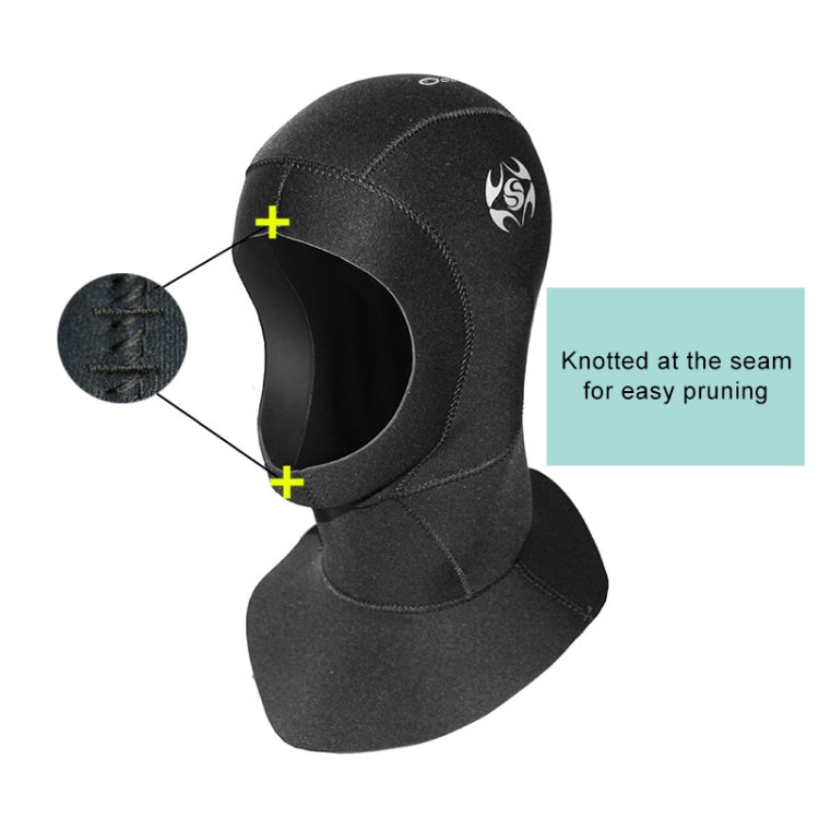 Black neoprene diving hood with open ear channel and knotted seam detail inset