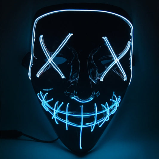 LED Halloween face mask with blue glowing outline, X eyes and neon grin