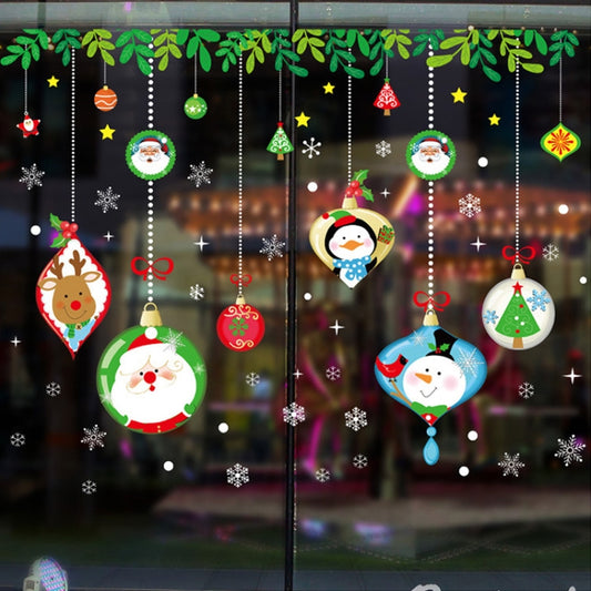 Christmas window sticker with hanging ornaments, snowflakes, and Santa-themed figures