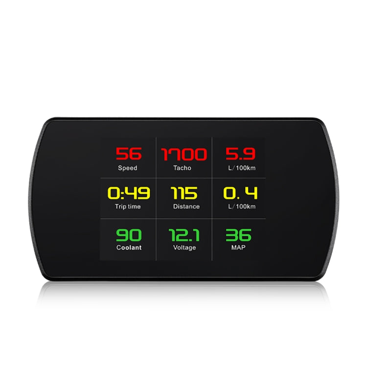 Car HUD head-up display with colorful metrics screen: speed, distance, voltage