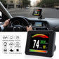 Car HUD head-up display on dashboard showing speed 74 and gauge bars