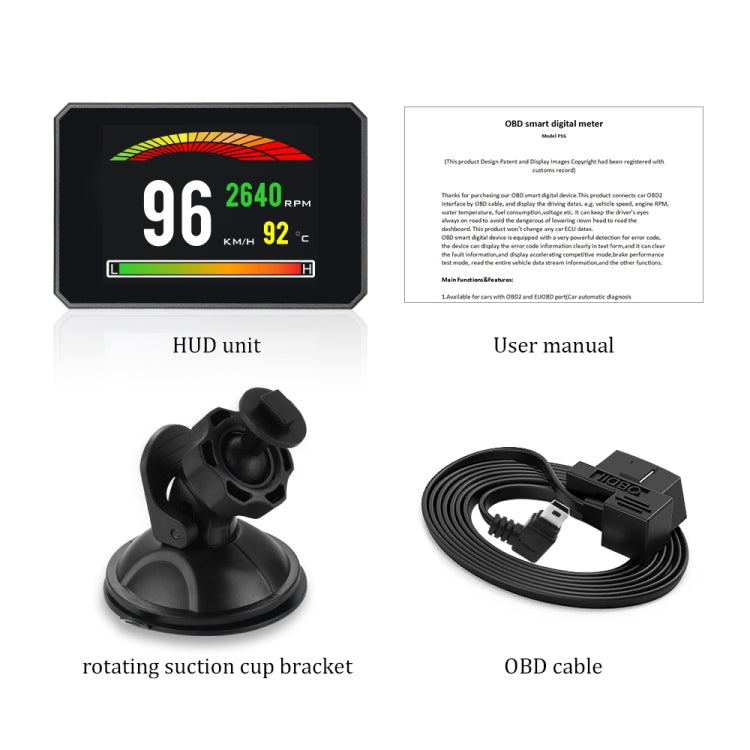 HUD unit kit: screen display, rotating suction cup mount, OBD cable, user manual