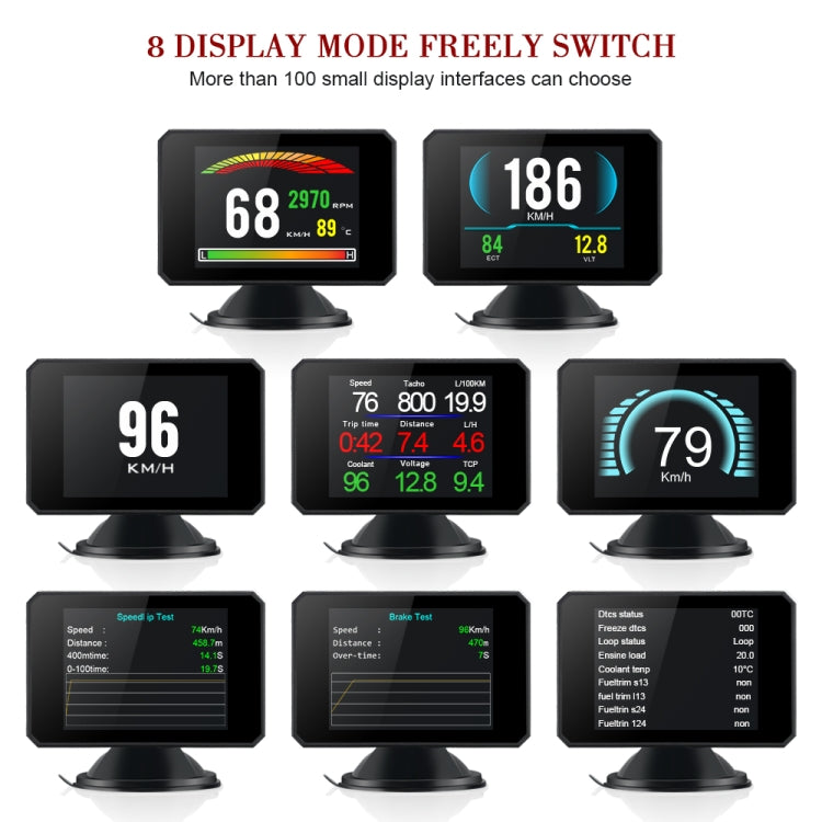 Car HUD head-up display showing multiple display modes and gauges