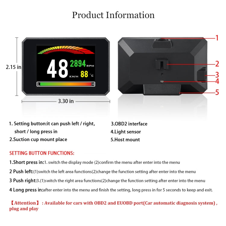 Car HUD head-up display unit with labeled settings and OBD2 interface