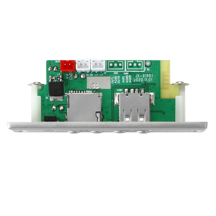 Car 12V audio MP3 decoder board with Bluetooth, exposed green PCB and connectors