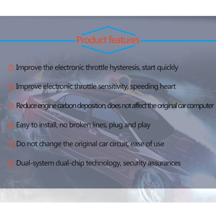 Electronic throttle controller product features list on screen overlay with six benefit bullets