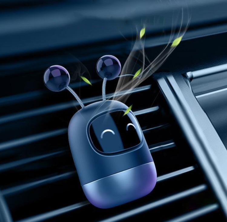 Blue cartoon robot air vent aromatherapy diffuser with smiling face, vent mist effect.