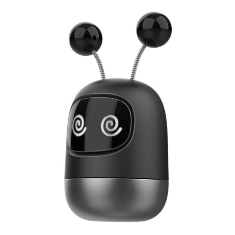 Cartoon robot car aromatherapy container, glossy black with gray base and swirl-eye expression