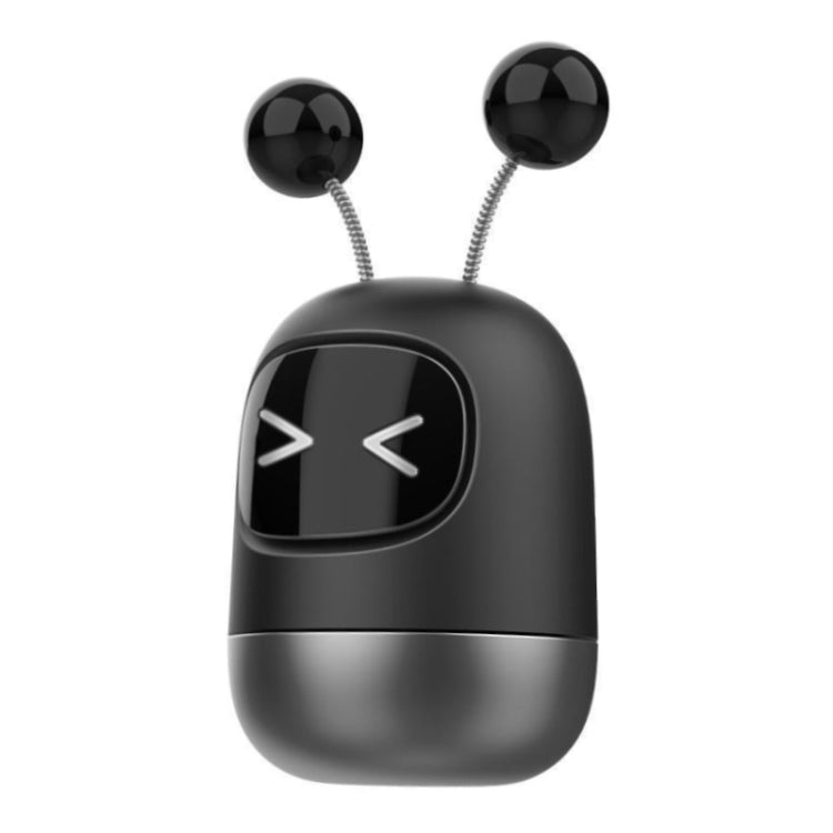 Cartoon robot car aromatherapy container, glossy black with gray base and sideways arrow-eye expression