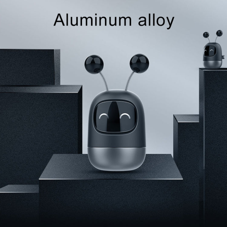 Cartoon robot car aromatherapy container, black-and-gray body on a platform with closed-eye face