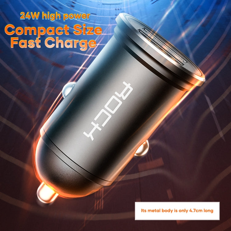 Black mini dual USB car charger angled view with metal top