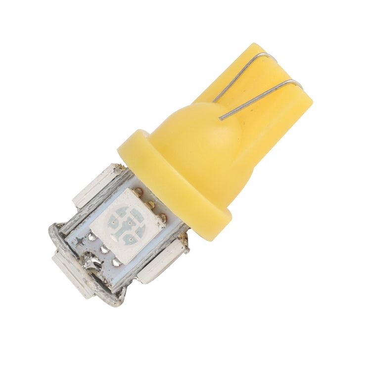 Yellow T10/T5 LED turn signal bulb with socket pins, compact wedge-style light