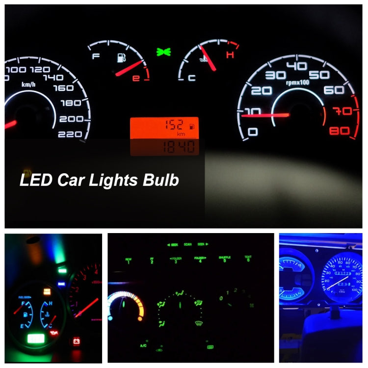 T10 LED bulb lighting effect on car dashboard gauges with orange glow