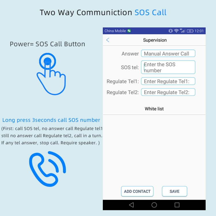 GPS tracker two-way SOS call setup screen with power and SOS button