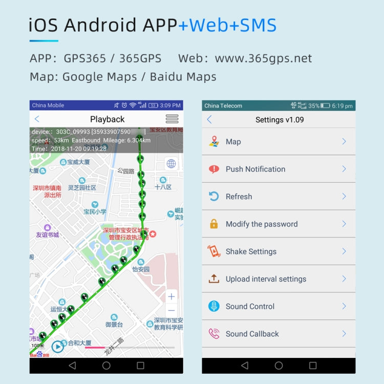 GPS tracker app screens for iOS and Android with map and settings