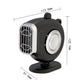 Portable car heater fan with black body, front grille, and round heat window; size diagram