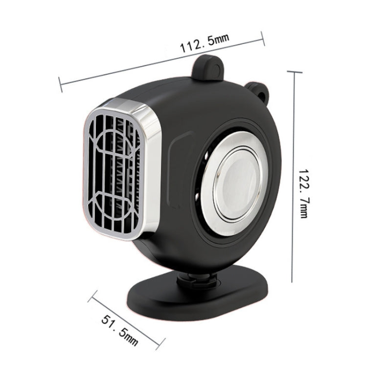 Portable car heater fan with black body, front grille, and round heat window; size diagram