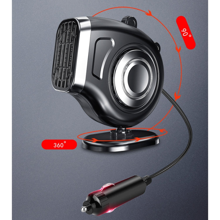 Black car heater fan with circular front and 360° rotating base; includes car power plug
