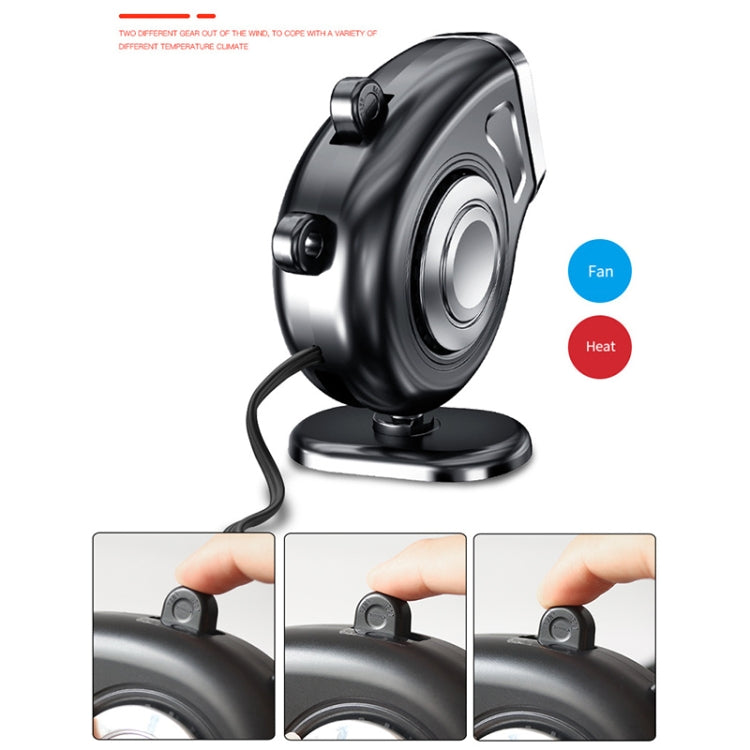Portable car heater fan with adjustable stand, power cord, and fan/heat settings