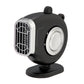 Portable car dashboard heater fan with black housing, front grille, round heat window, and stand