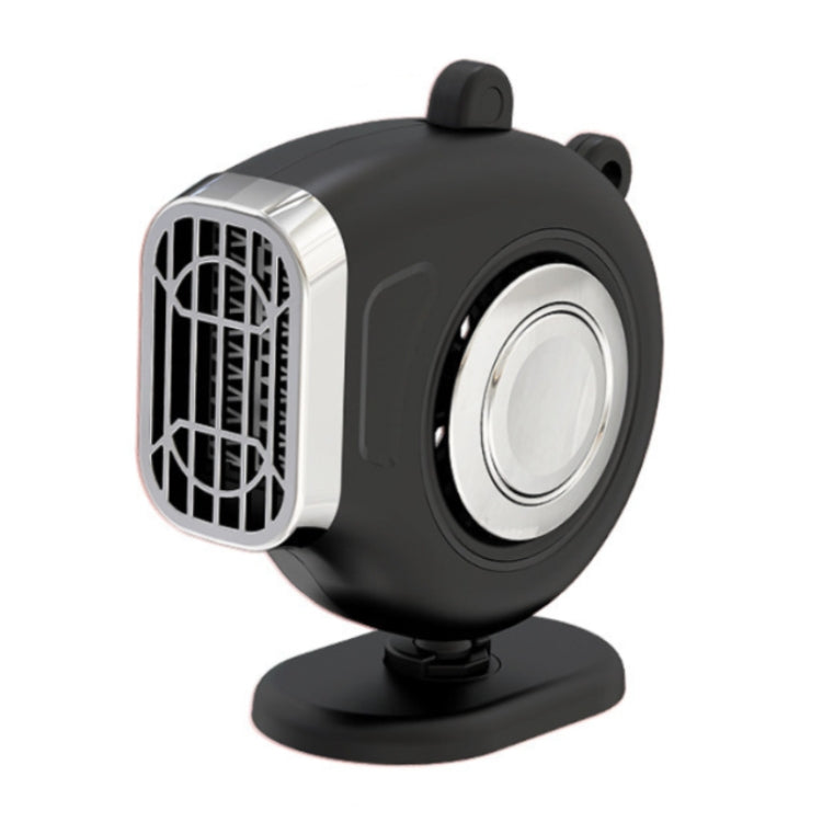 Portable car dashboard heater fan with black housing, front grille, round heat window, and stand