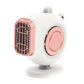 Portable car dashboard heater fan with white body, pink grille, round heat window, and stand